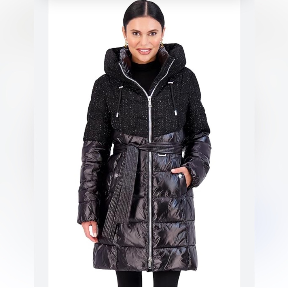 NWT,Vince Camuto Hooded Puffer Jacket Winter Coat with Removable Belt,black